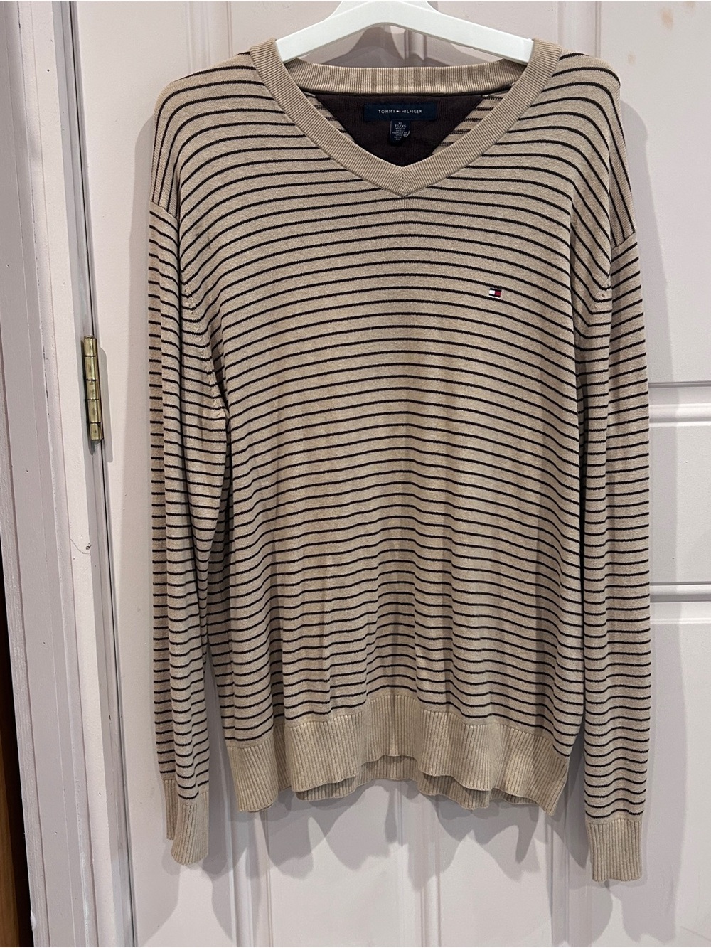 Tommy Hilfiger Beige and Black Striped V-Neck Sweater